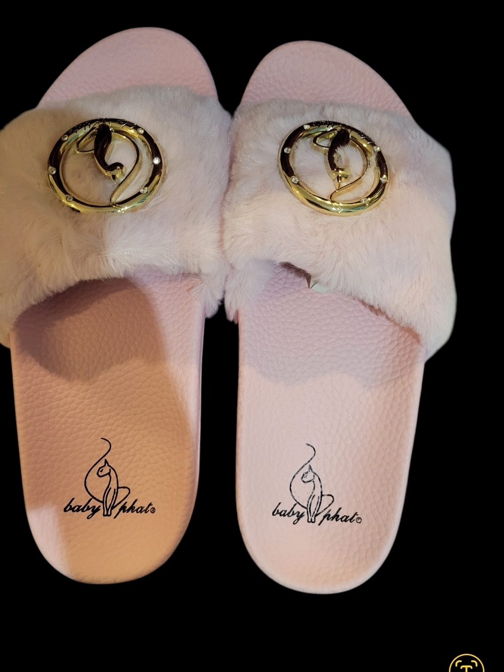 Baby Phat Pink Faux Fur Slide Sandals with Gold Logo Medallions